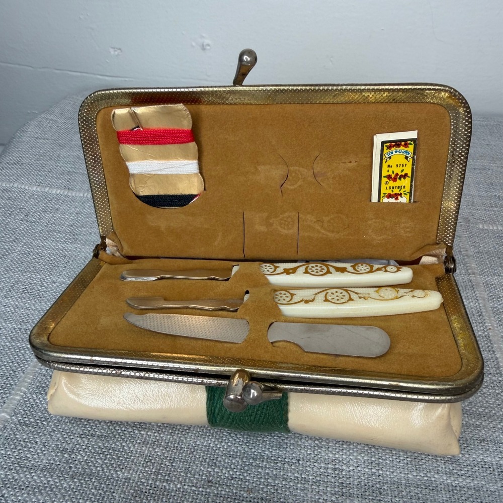 Vintage Manicure Sewing Kit Coin Purse with Mirror Double Kiss Lock